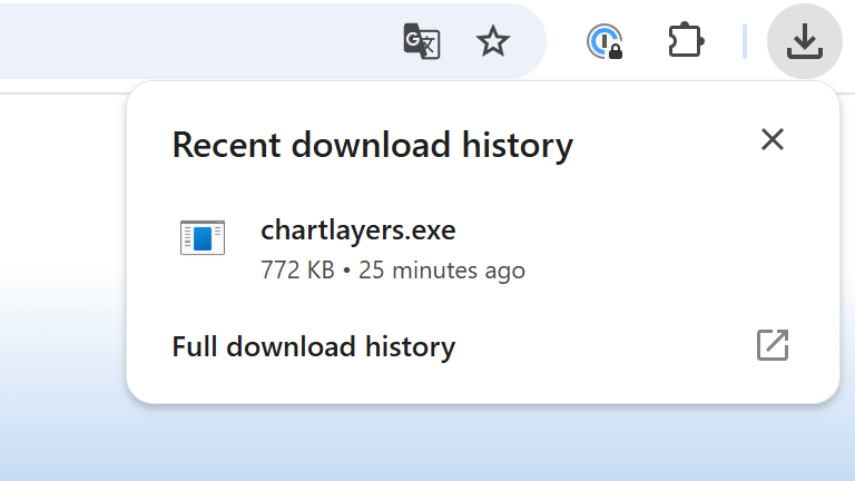 Download History Fenster mit ‚chartlayers.exe‘ Installationsdatei öffnet sich im Browser.