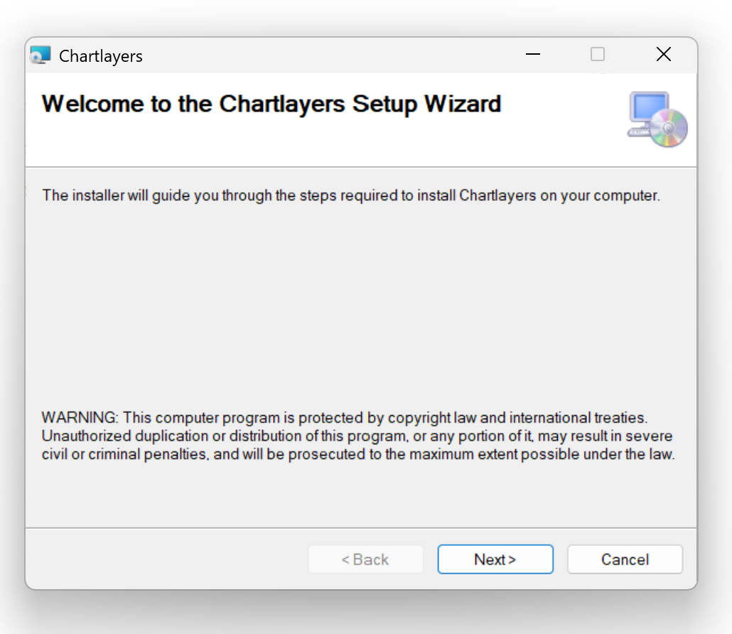 Setup-Assistent von Chartlayers mit Willkommensseite und Schaltfläche ‚Next‘.