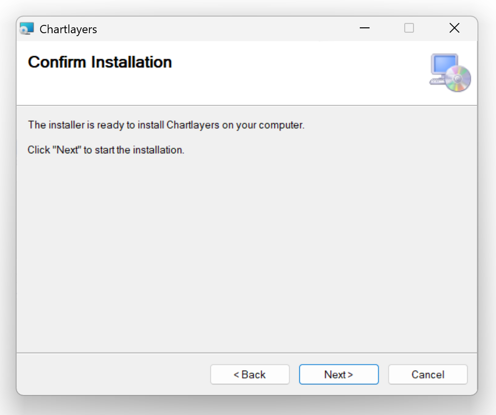 Fortschrittsbalken während der Chartlayers-Installation mit Statusanzeige ‚Installing‘.