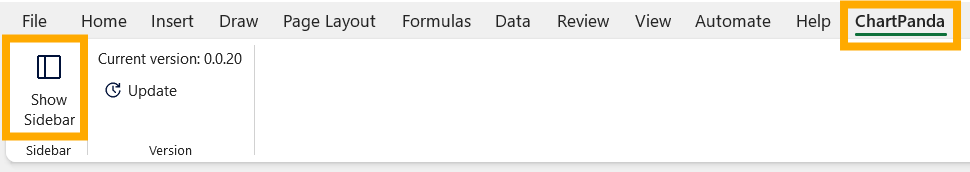 Excel mit sichtbarem Tab ‚Chartlayers‘ und ,Show Sidebar' Button im Menüband